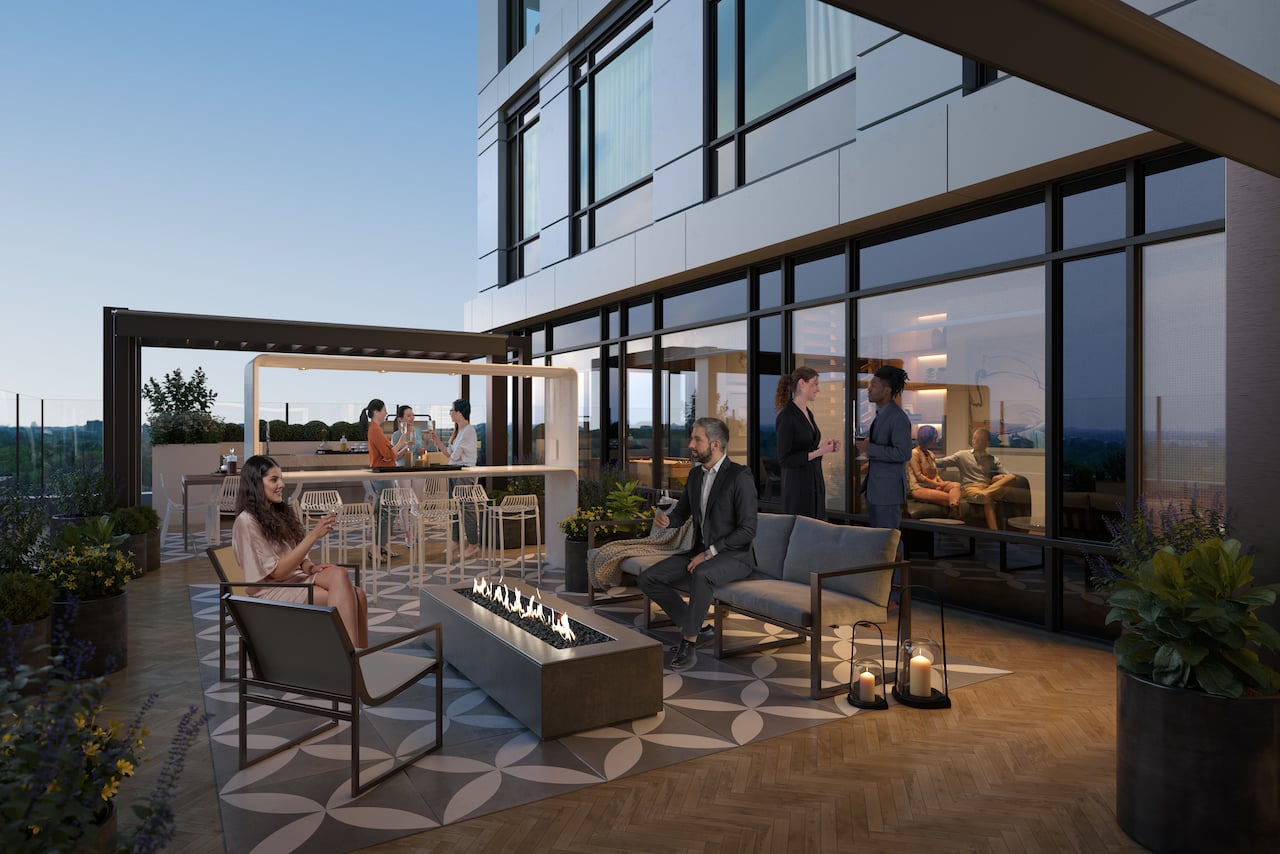 Rendering of Kindred Condos outdoor terrace at night