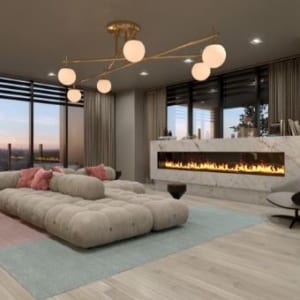 Rendering of LeftBank Condos party room with fireplace