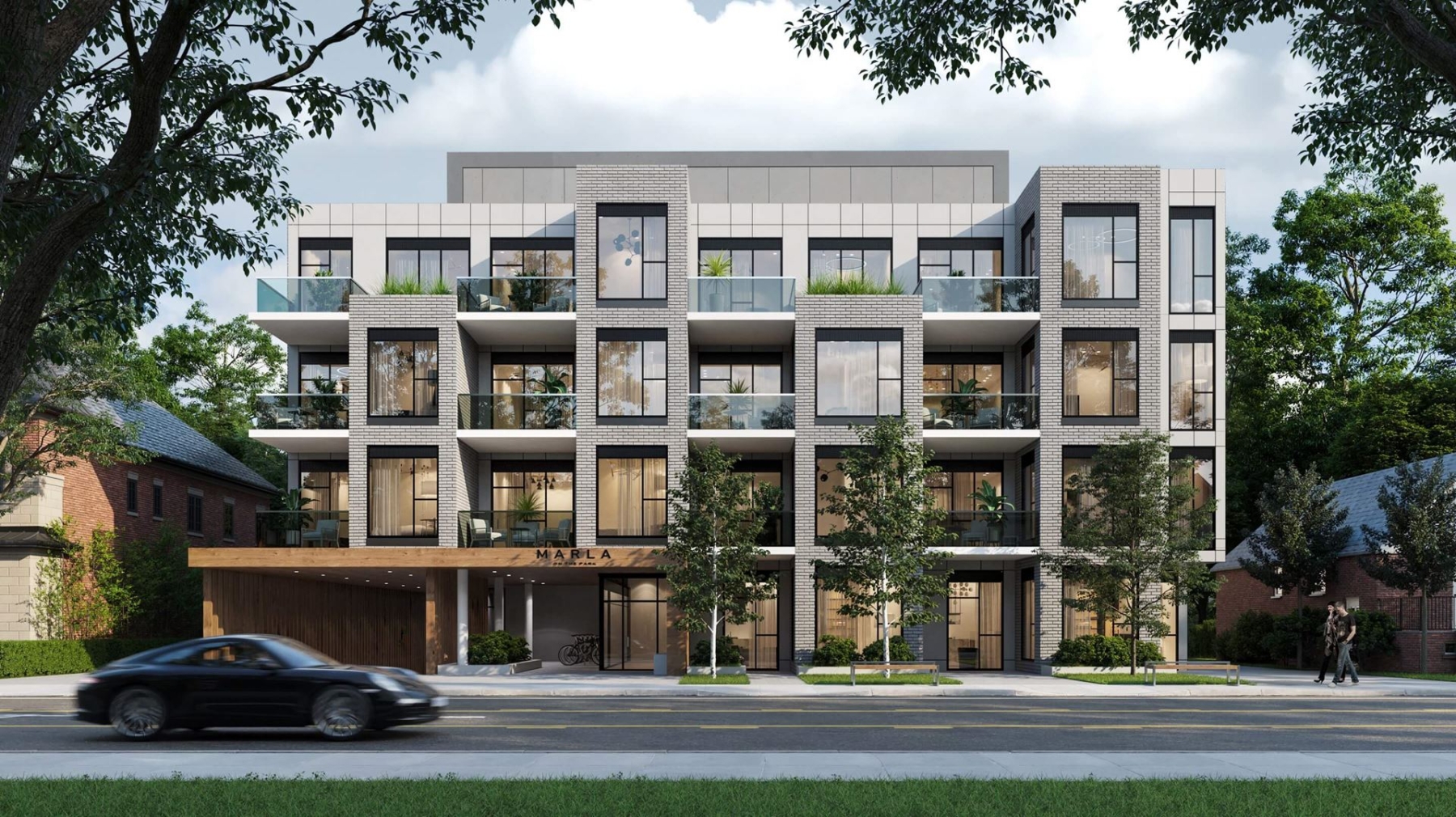 Front view exterior rendering of Marla On The Park Condos in Toronto