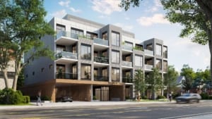 Side-view exterior rendering of Marla On The Park Condos in Toronto