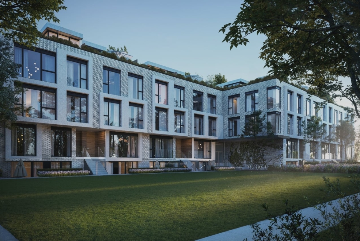Exterior rendering of Residences on Keewatin Park Towns in the evening