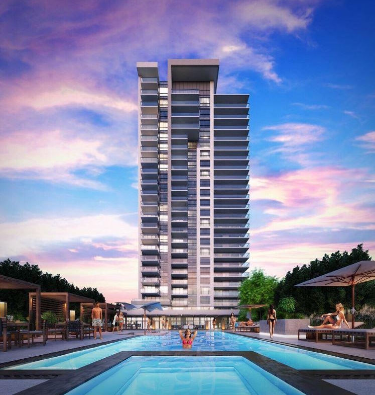Rendering of SF3 Condos and Towns exterior with pool