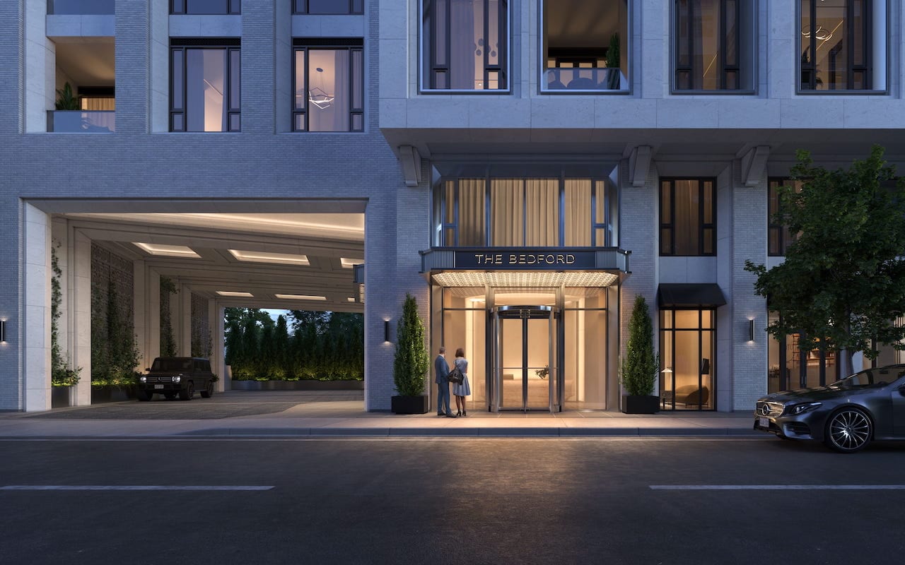 Rendering of The Bedford exterior entrance at night