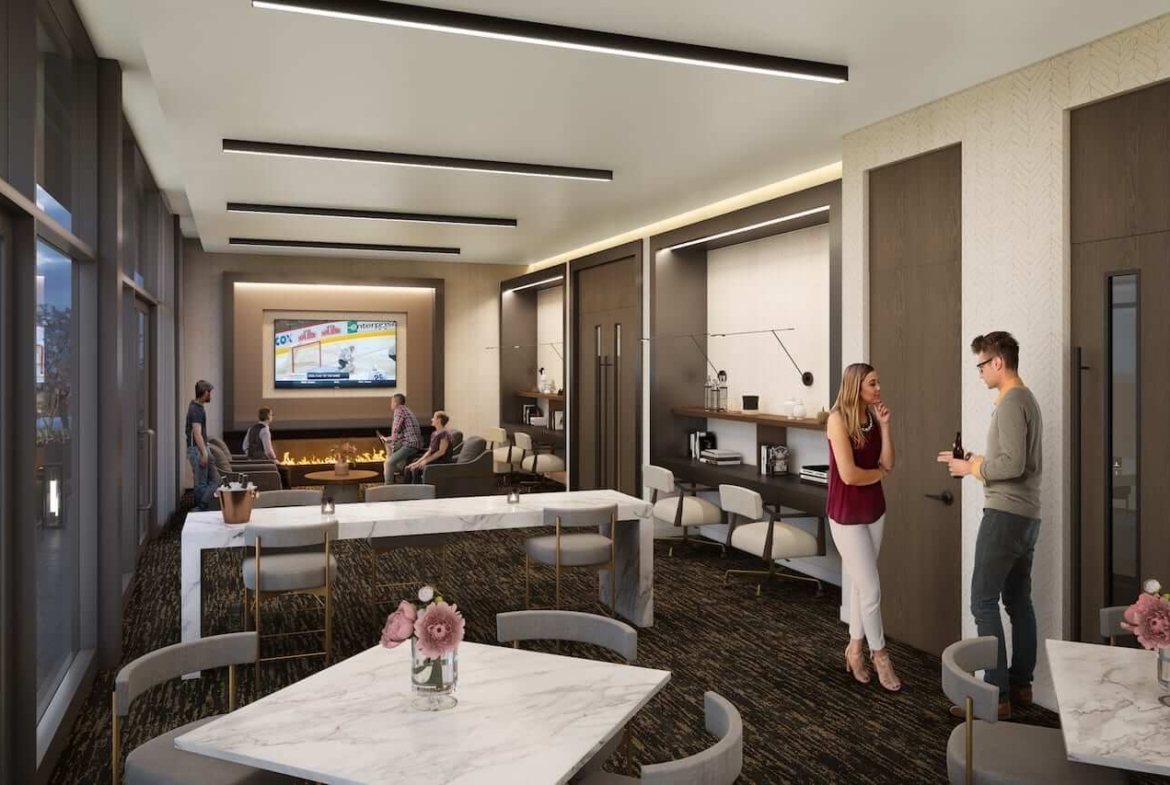Rendering of Westgate party room with fireplace