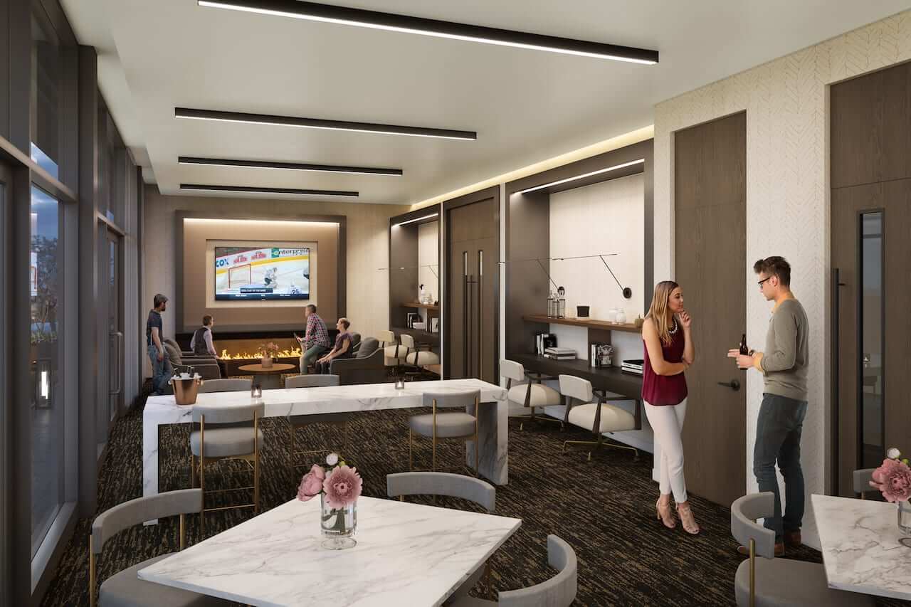 Rendering of Westgate party room with fireplace