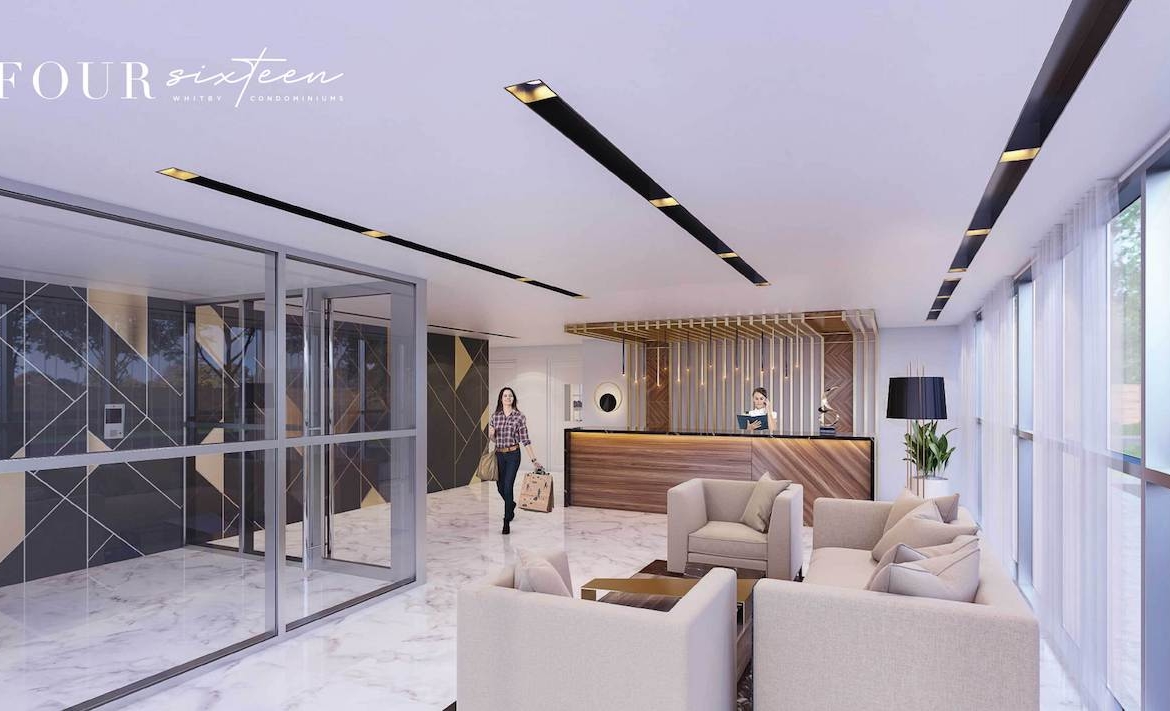 Rendering of Four Sixteen Whitby Condos lobby with concierge