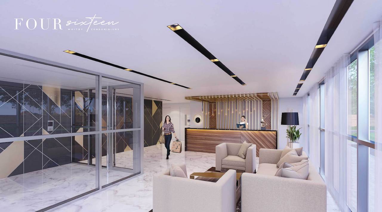 Rendering of Four Sixteen Whitby Condos lobby with concierge