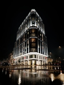 Exterior rendering of The Bedford Condos in Toronto at night