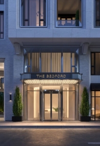 Rendering of The bedford Condos exterior entrance at night