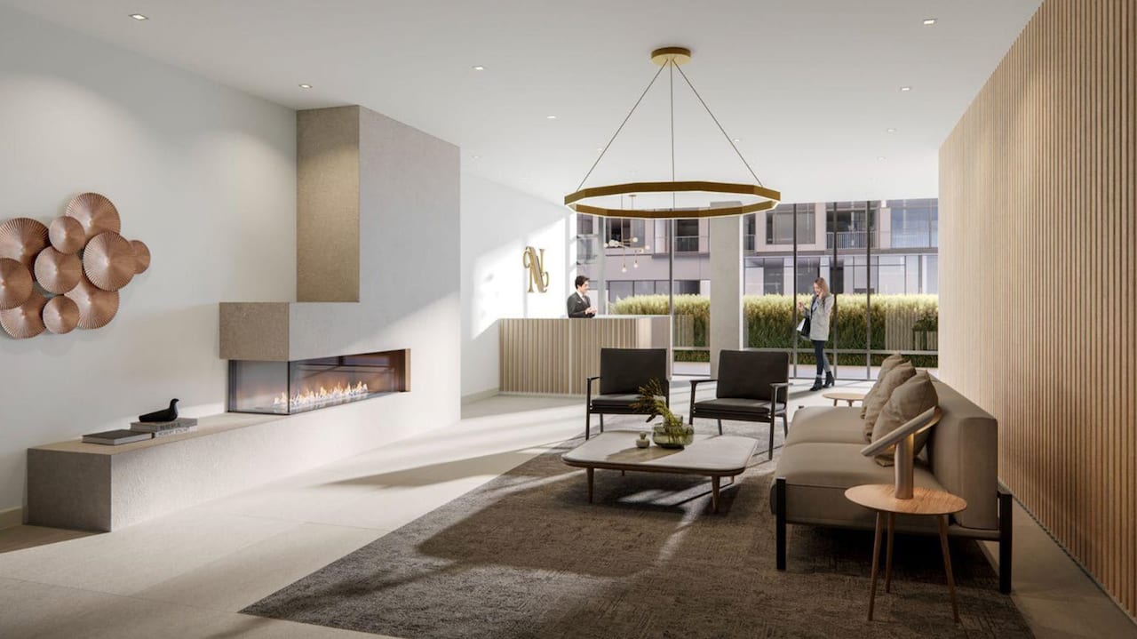 Rendering of The Narrative Condos lobby with concierge
