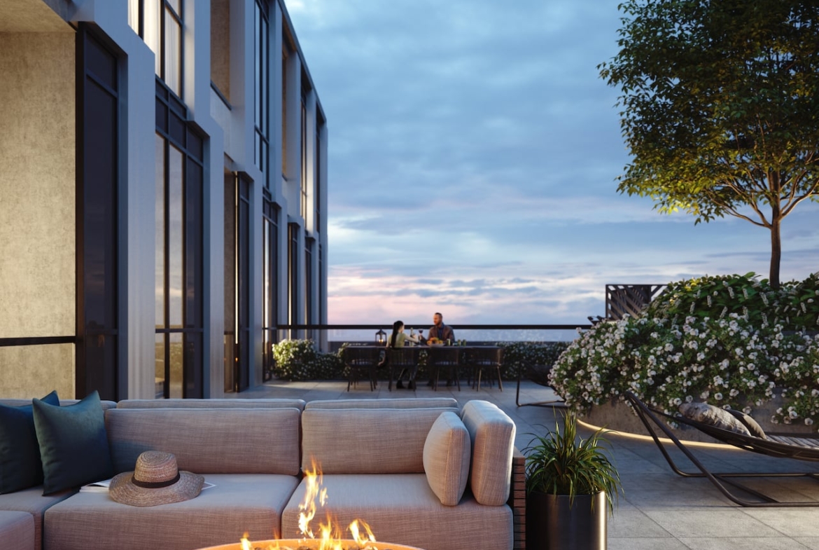 Rendering of Verge Condos exterior terrace with fire pit