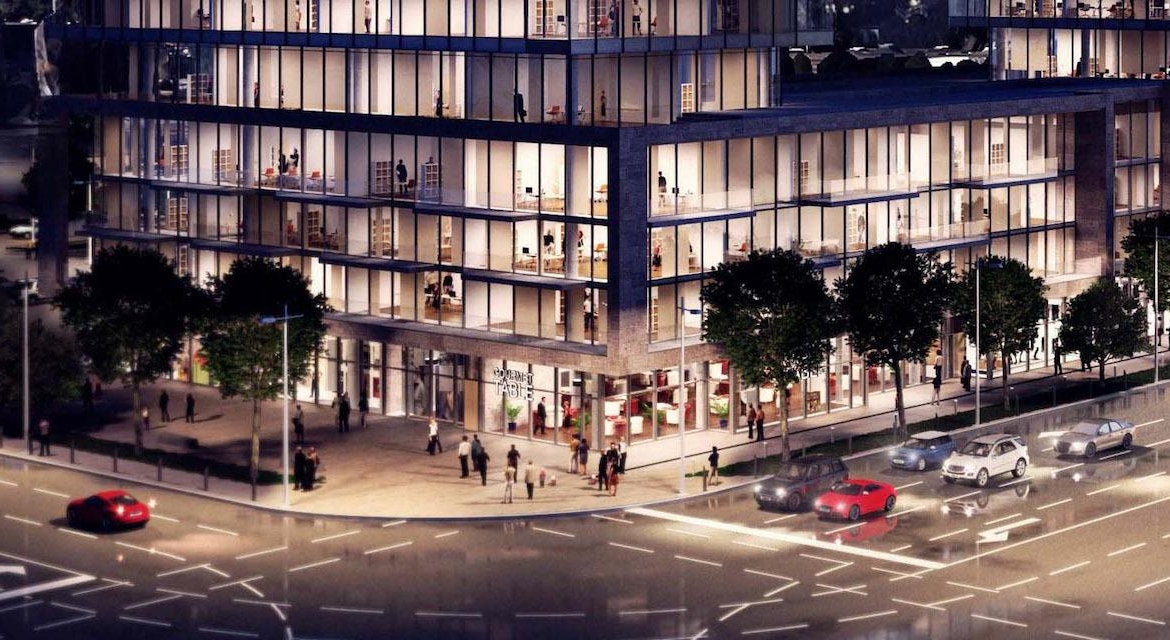 Rendering of Verge Condos streetscape at night.