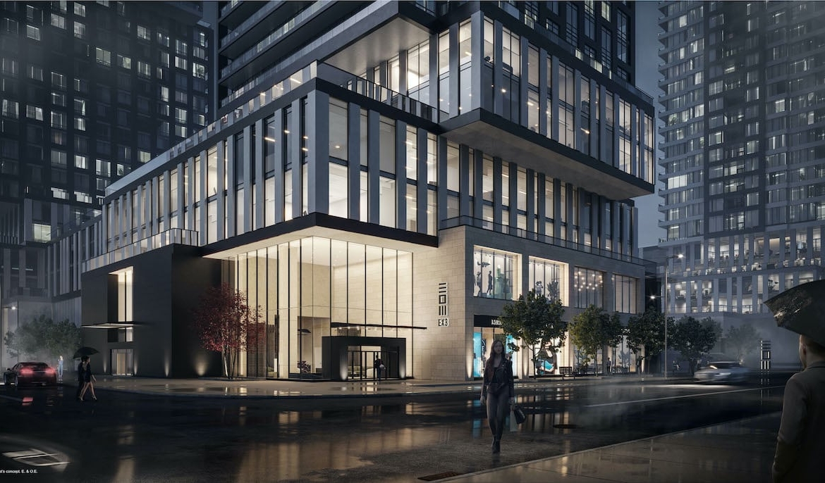 Rendering of EX3 Condos exterior lobby and retail