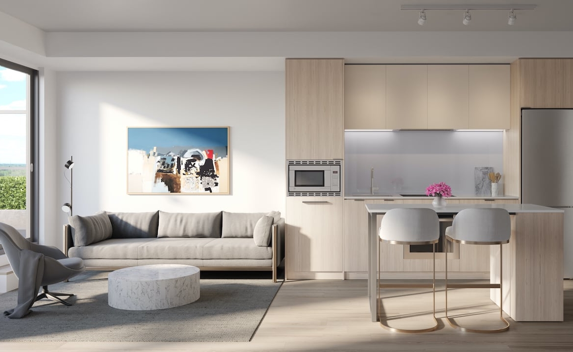 Rendering of Arte Residences kitchen and living with island neige