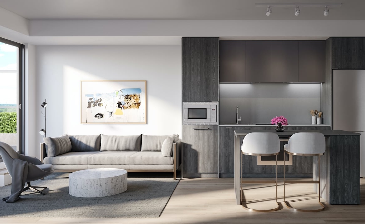 Rendering of Arte Residences kitchen and living with island ombre