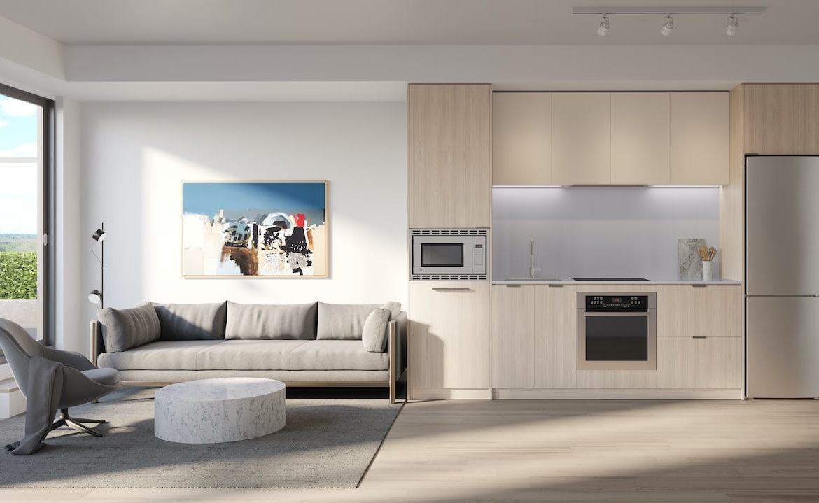 Rendering of Arte Residences kitchen and living without island neige