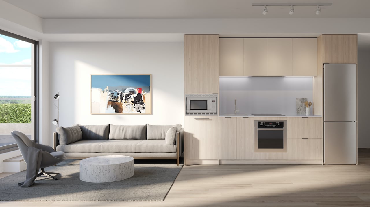 Rendering of Arte Residences kitchen and living without island neige