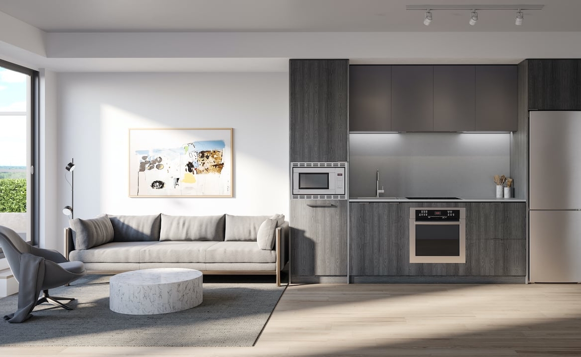 Rendering of Arte Residences kitchen and living without island ombre