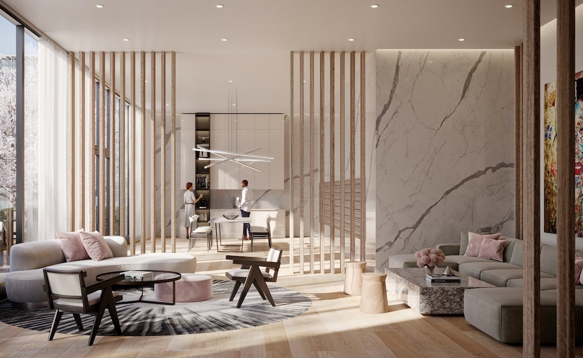 Rendering of Arte Residences lobby with lounge