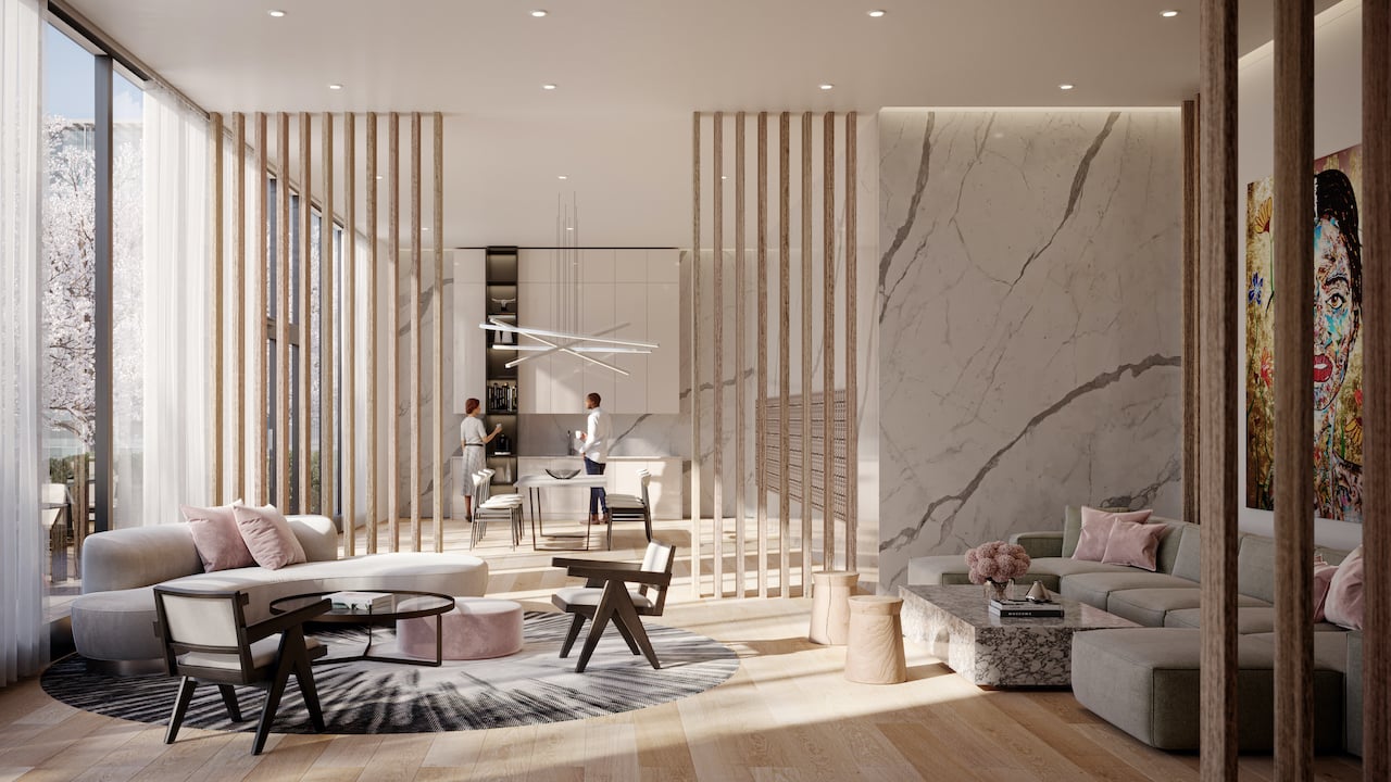 Rendering of Arte Residences lobby with lounge