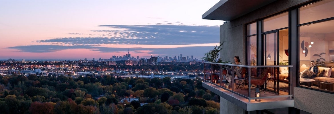 Rendering of ELLE Condos balcony view in the evening