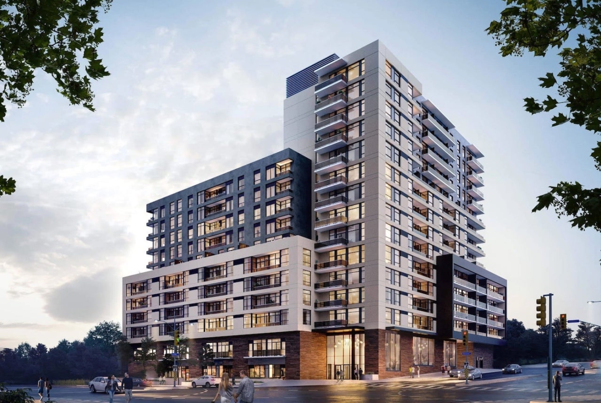 Rendering of ELLE Condos exterior full view in the evening
