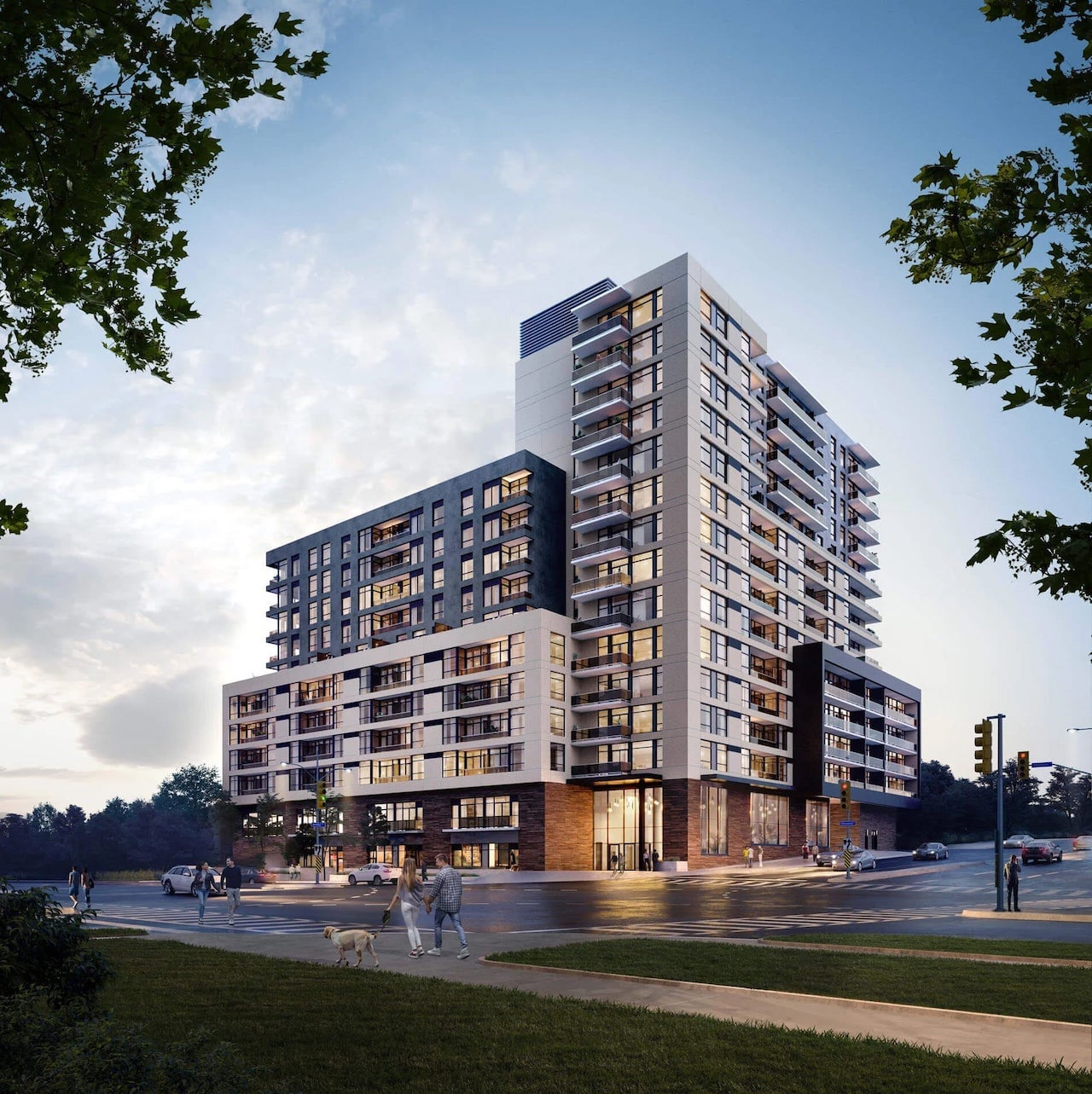 Rendering of ELLE Condos exterior full view in the evening