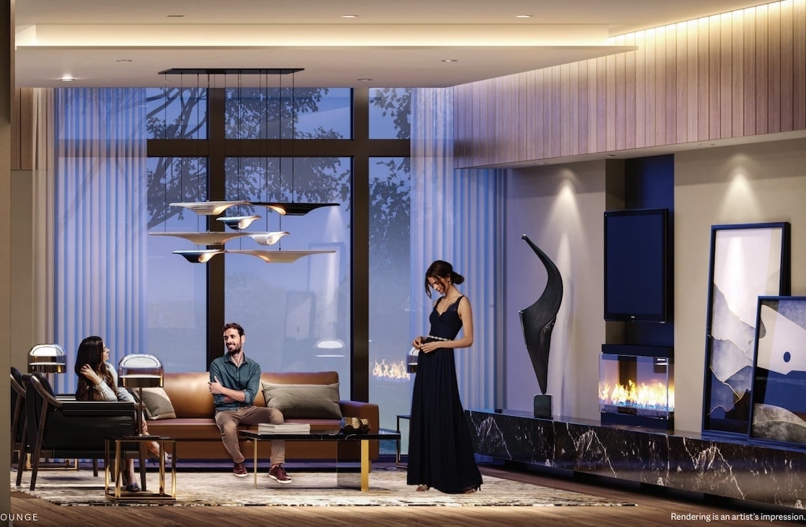 Rendering of ELLE Condos party room with fireplace