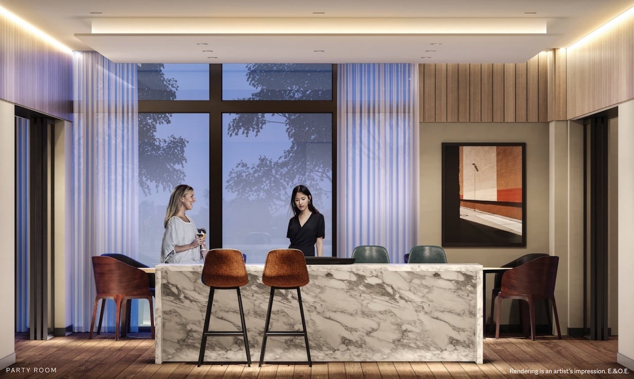 Rendering of ELLE Condos party room with island