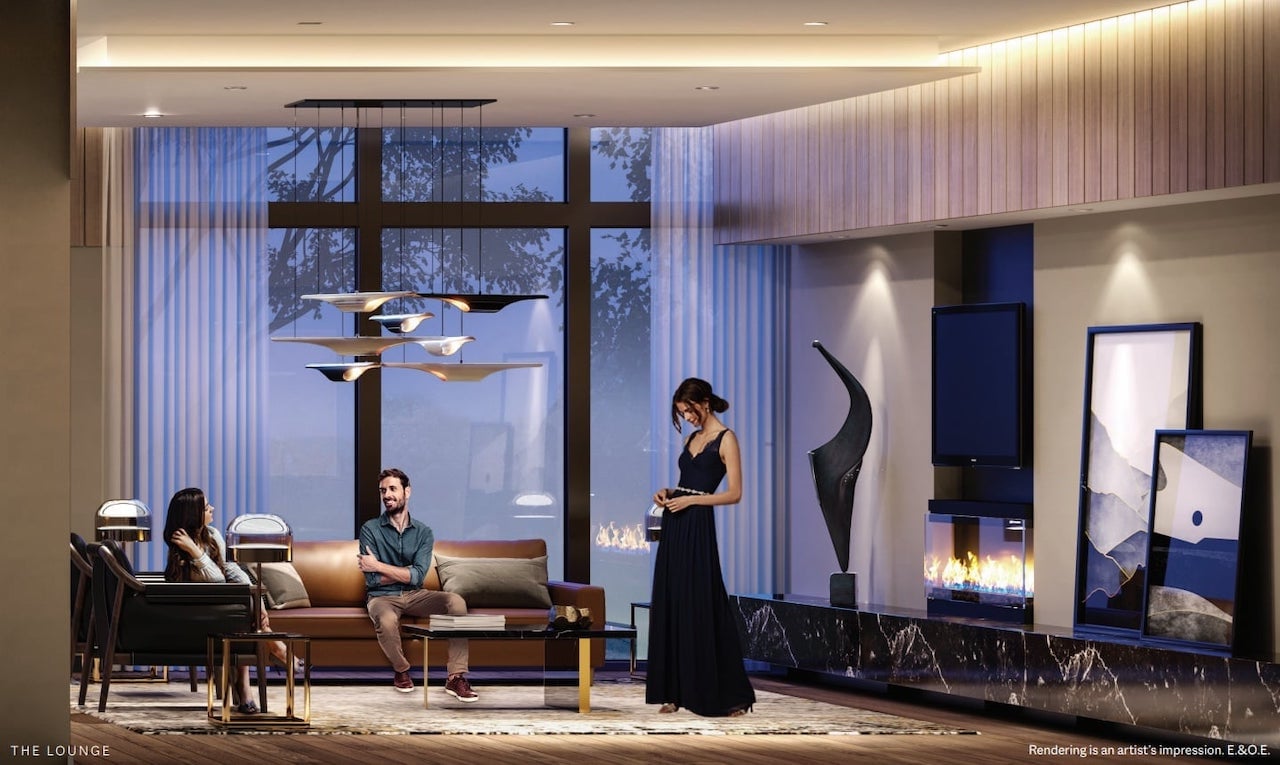 Rendering of ELLE Condos party room with fireplace