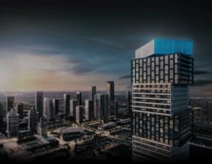 Rendering of Exchange District 3 Condos exterior with view of Mississauga skyline