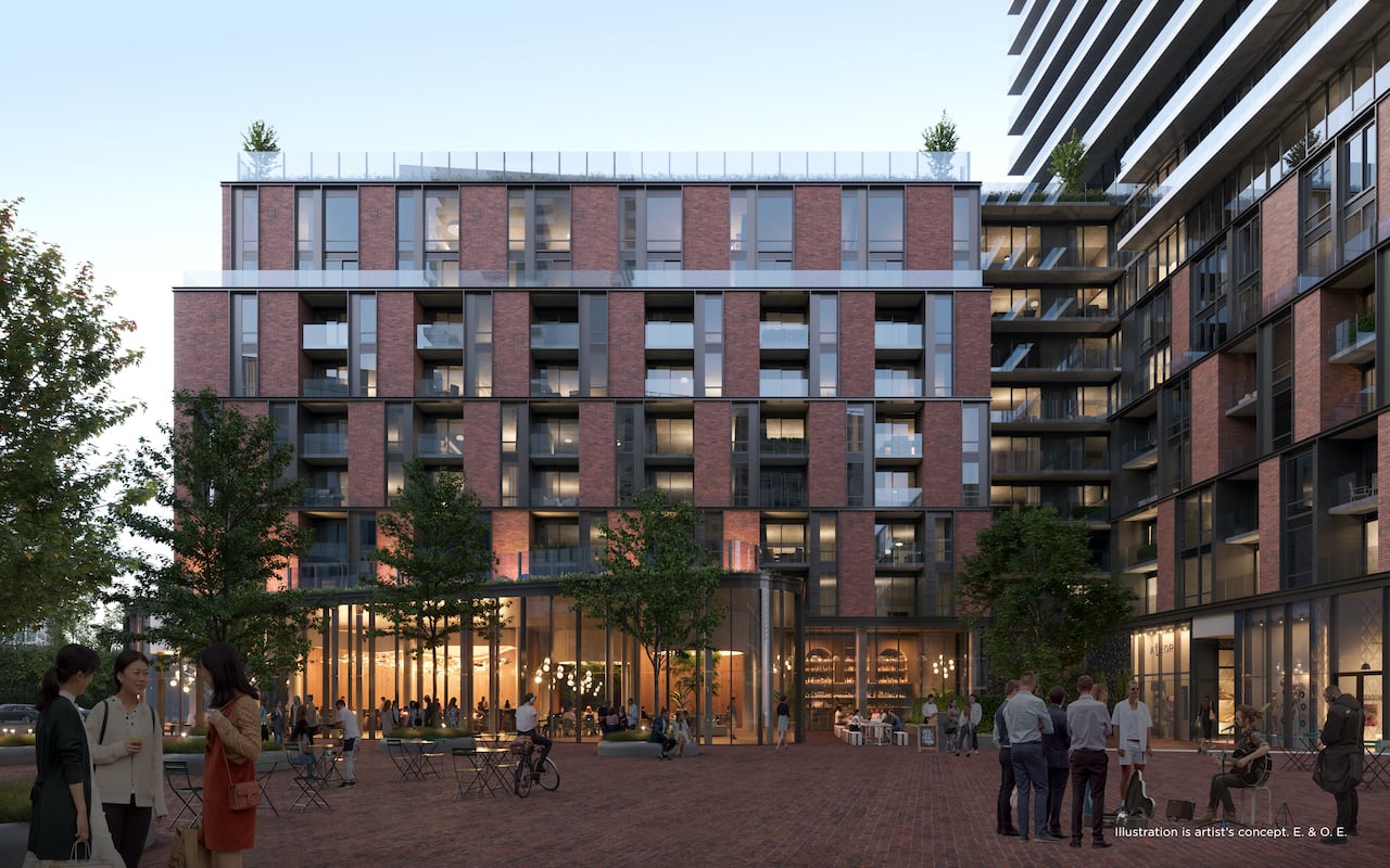 Rendering of The GOODE Condos exterior courtyard in the evening