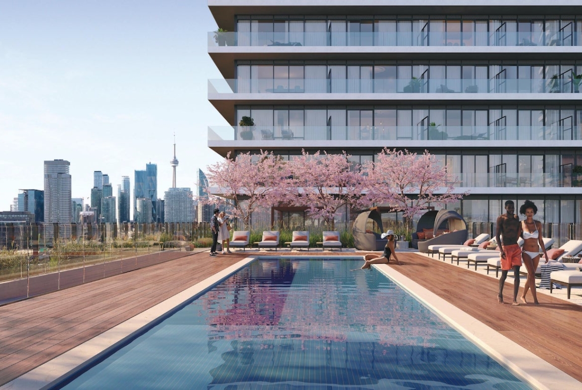 Exterior rendering of The GOODE Condos rooftop terrace with swimming pool