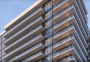 Rendering of The Millhouse Condos exterior closeup of top levels
