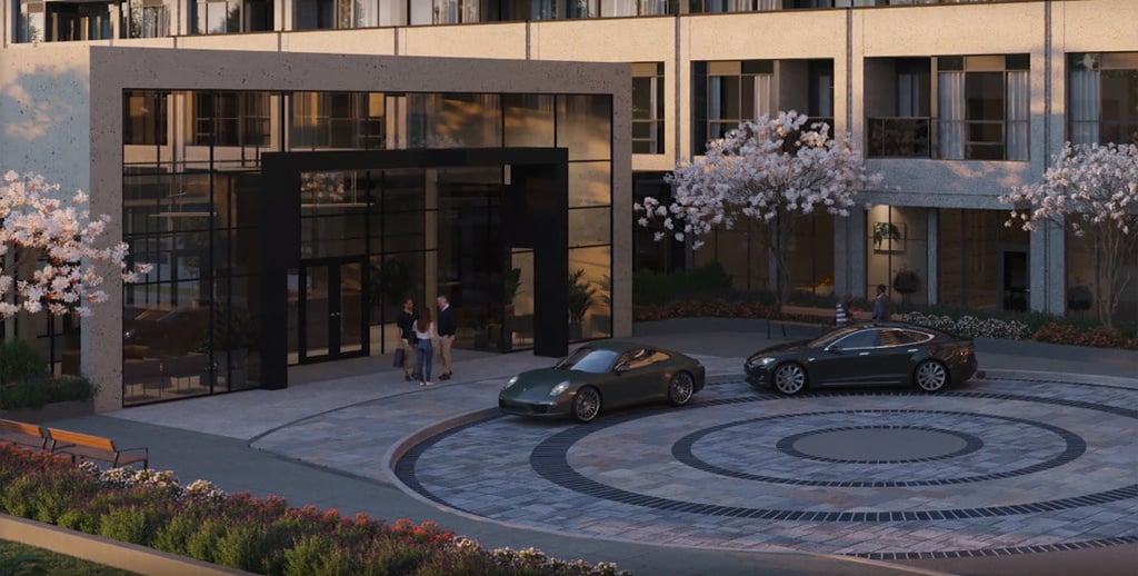 Rendering of The Millhouse Condos of entrance with car drop-off