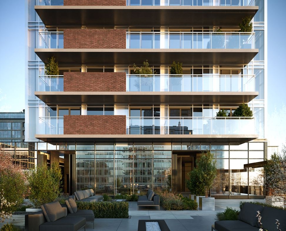 Rendering of The Moderne Condos exterior with outdoor amenities