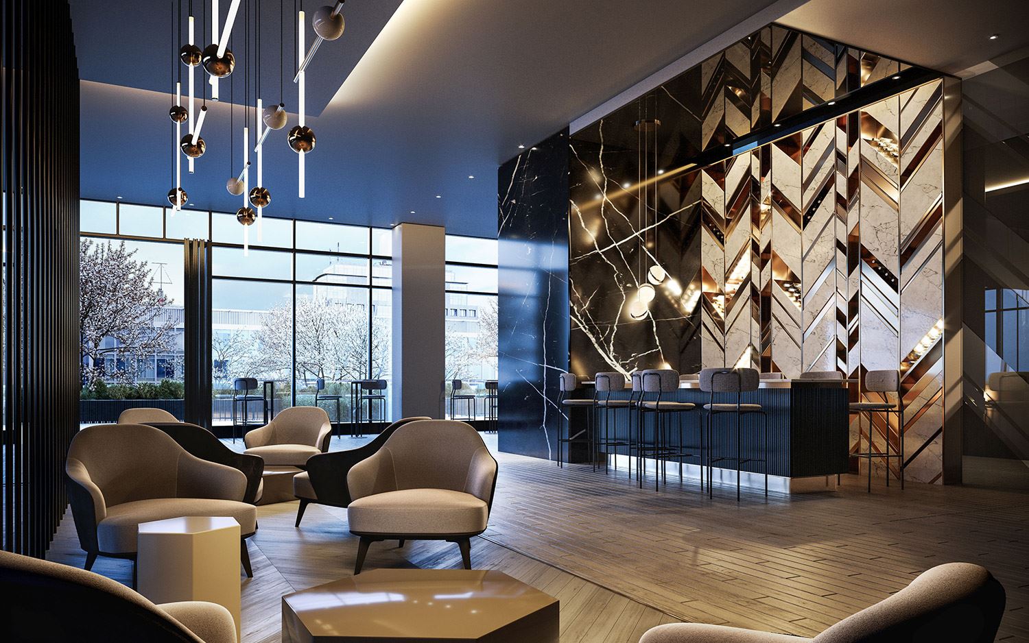 Rendering of The Moderne Condos lounge