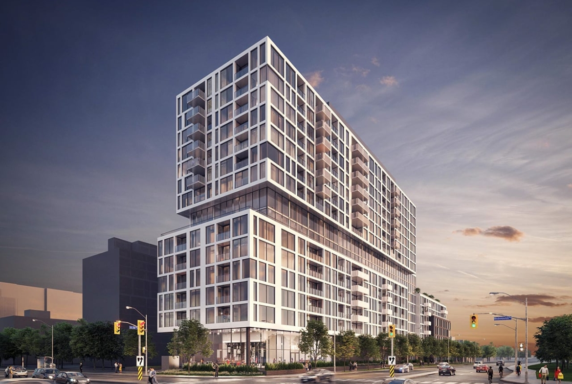 Rendering of 3431 St Clair Ave Condos exterior at night