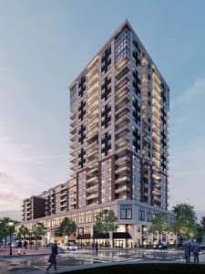 Rendering of The Residences On Owen exterior at dusk