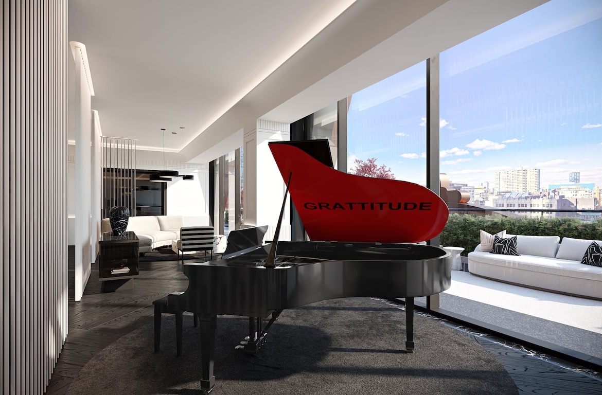 Rendering of Natasha Residences elevator lobby lounge with piano