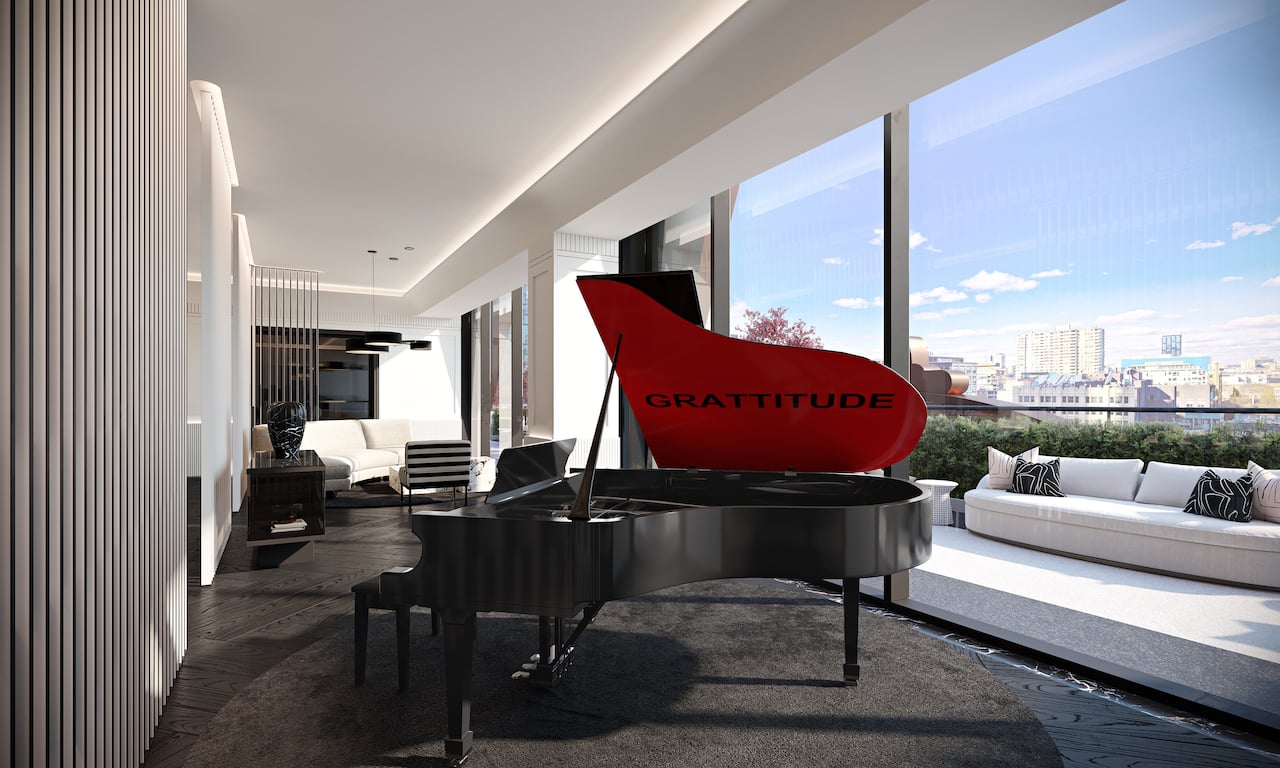 Rendering of Natasha Residences elevator lobby lounge with piano