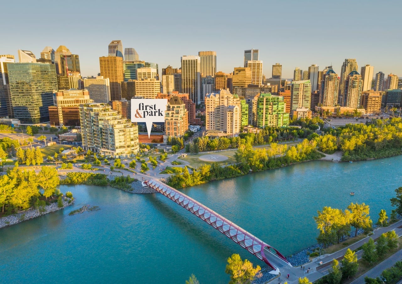 Aerial of First & Park Condos location in Calgary by Eau Claire Park