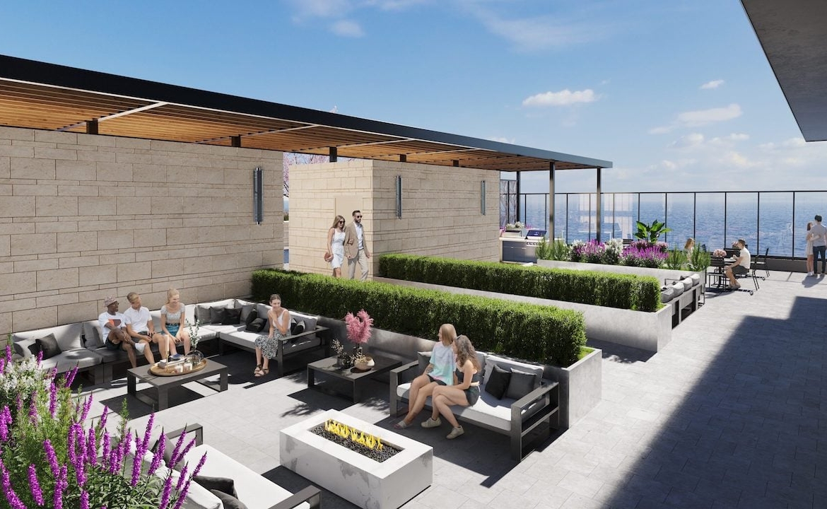 Rendering of BeauSoleil Condos terrace with covered and open seating