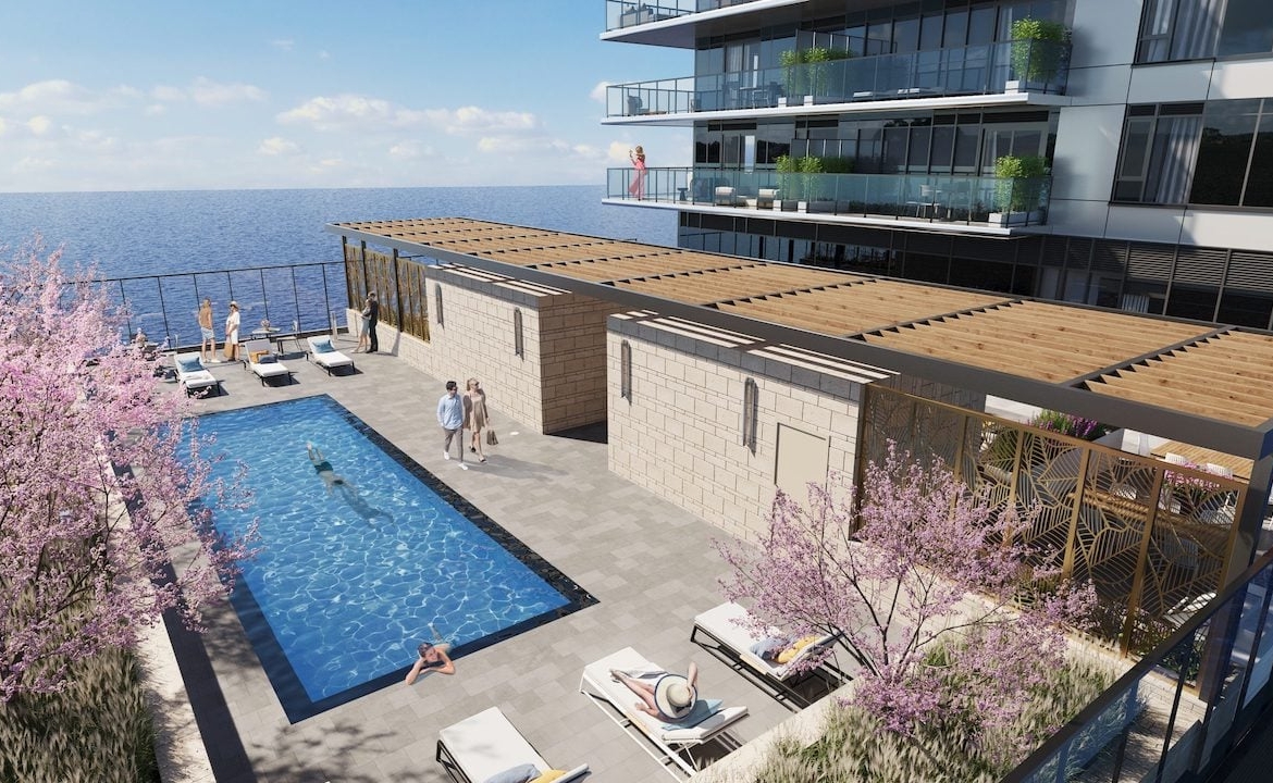 Rendering of BeauSoleil Condos aerial of terrace with outdoor swimming pool