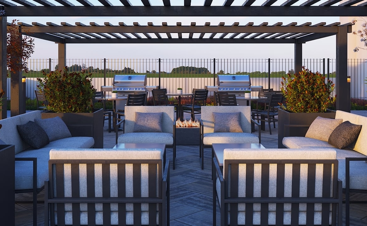 Rendering of FourMe Condos 7th floor terrace with covered seating