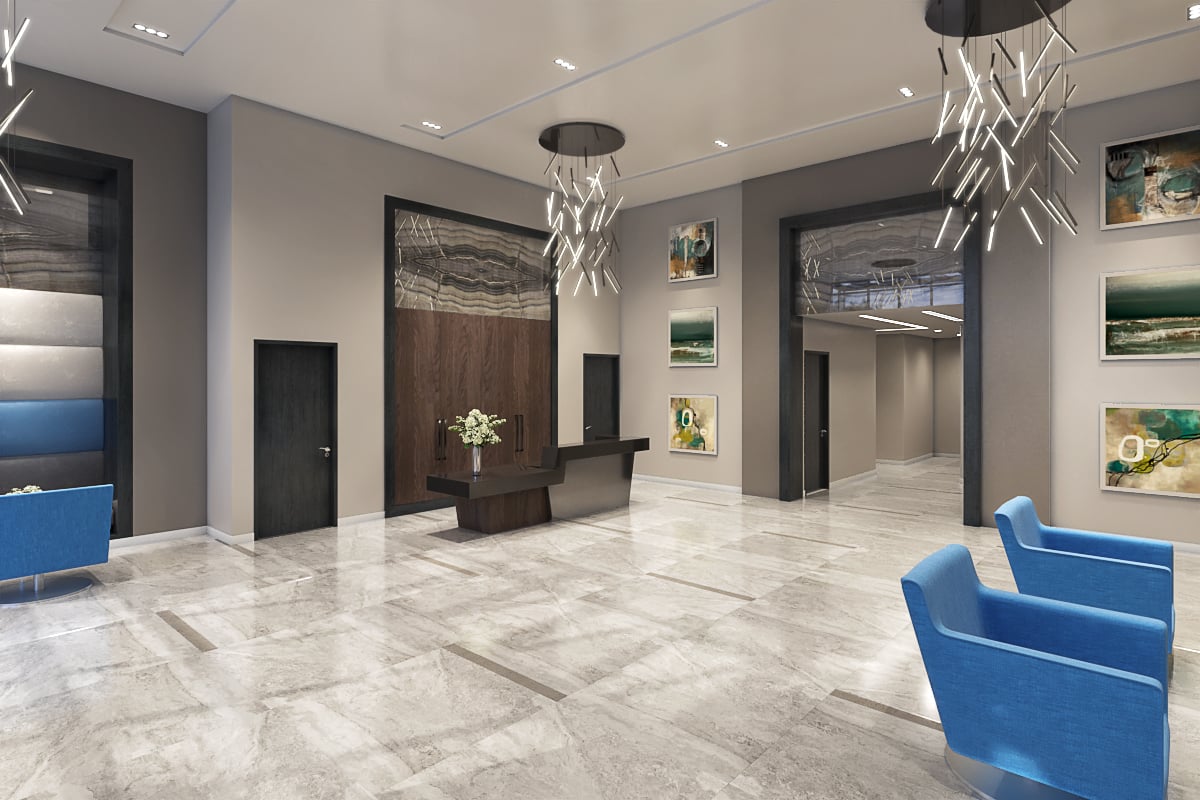 Rendering of FourMe Condos lobby with concierge