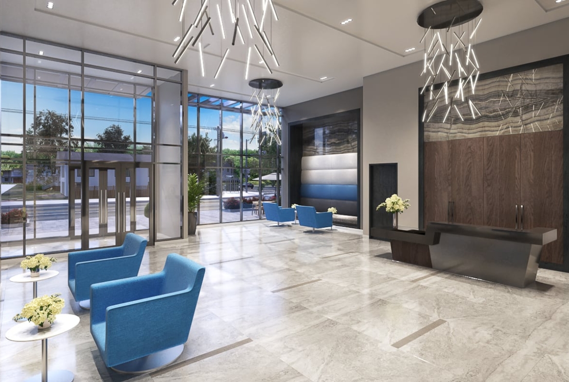 Rendering of FourMe Condos lobby with seating