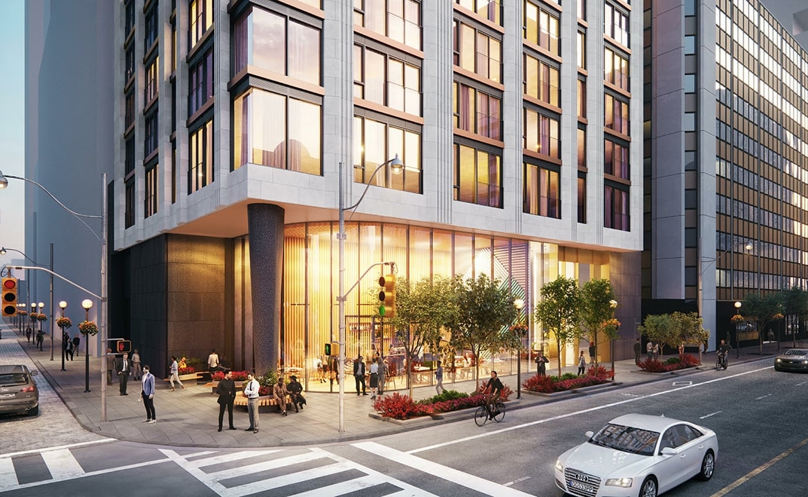 Rendering of 1255 Bay Condos exterior entrance and street view