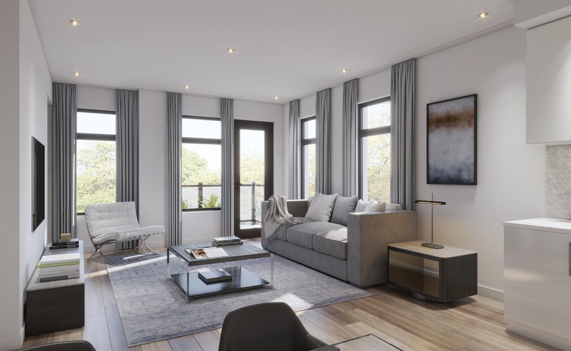 Rendering of Central District Towns suite interior living room