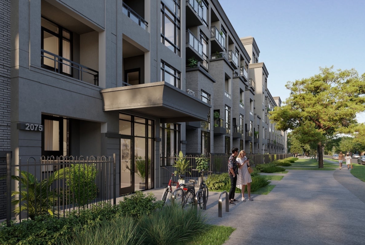 Rendering of King Terraces exterior condo entrance with bicycle parking